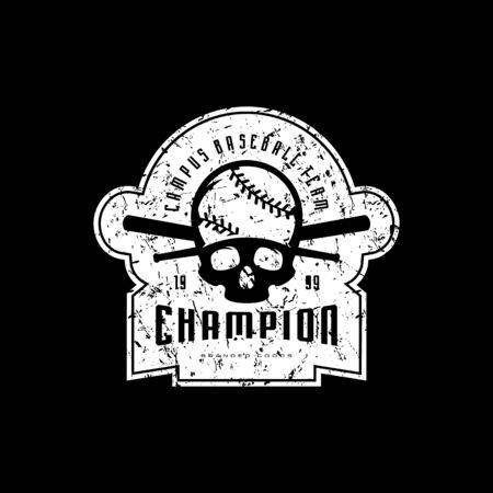 Emblem of baseball champion team with vintage texture for sticker, tag and t-shirt design. White print on black backgroundのイラスト素材