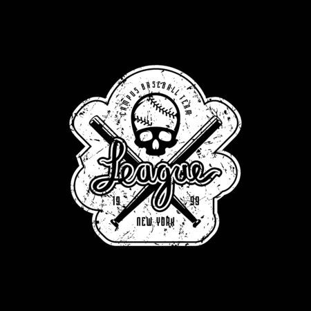 Emblem of baseball league with vintage texture for sticker, tag and t-shirt design. White print on black backgroundのイラスト素材