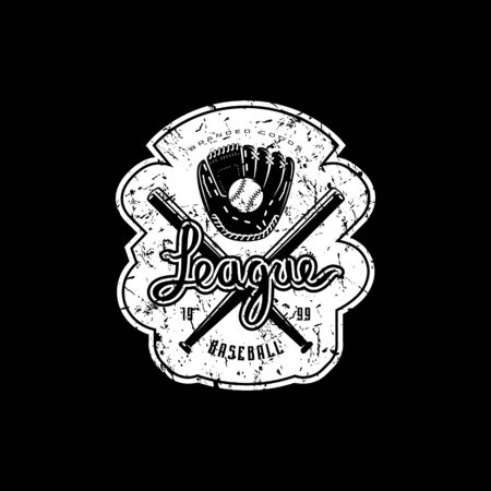 Emblem of campus baseball team with vintage texture for sticker, tag and t-shirt design. White print on black backgroundのイラスト素材