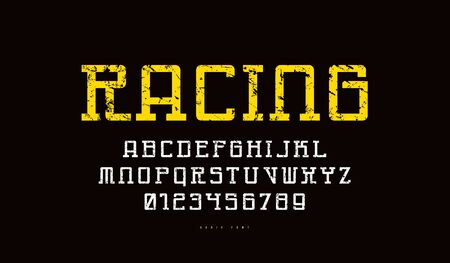 Monospaced slab serif font in cyber style. Letters and numbers with rough texture for sci-fi, sport logo and emblem design. Color print on black backgroundのイラスト素材