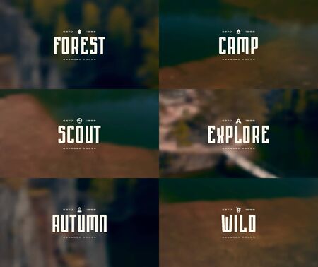 Set of blurred backgrounds with image of nature and camping emblems. Design for web banner, card and flyerのイラスト素材