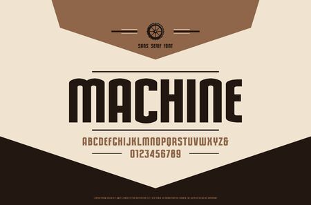 Stock vector narrow sans serif font, alphabet, typeface. Letters and numbers for logo and label design in retro styleのイラスト素材