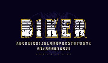 Decorative sans serif font with contour. Letters and numbers with vintage texture for logo and t-shirt design in sport style. Color print on black backgroundのイラスト素材