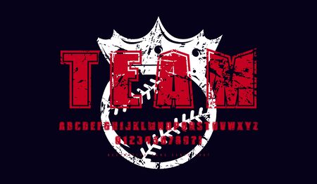 Sans serif font with contour. Letters and numbers with vintage texture for logo and t-shirt design in sport style. Color print on black backgroundのイラスト素材