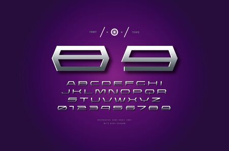 Stock vector silver colored and metal chrome expanded sans serif font, alphabet, typeface. Letters and numbers for sci-fi, military, racing logo and title designのイラスト素材