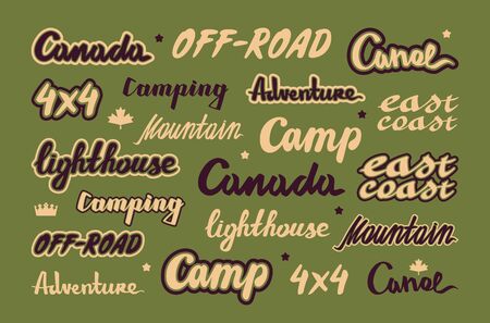 Set of lettering for t-shirt. Graphic design on the theme of camping, travel, expedition and active lifestyle. Color print on green backgroundのイラスト素材