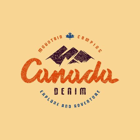 Stock vector emblem for t-shirt. Graphic design on the theme of camping, hiking, tourism and active lifestyle. Color print on yellow backgroundのイラスト素材