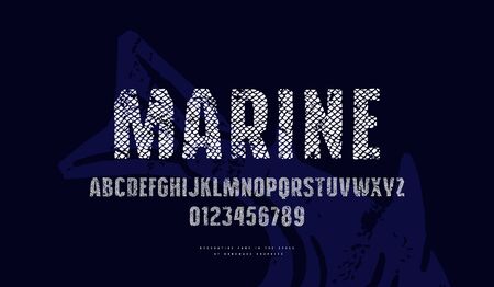 Sans serif font in the style of handmade graphics with fish scales texture. Letters and numbers for label and emblem design. Print on black backgroundのイラスト素材