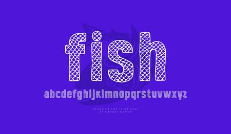 Sans serif font in the style of handmade graphics with fish scales texture. Lowercase letters for label and emblem design. Print on blue backgroundのイラスト素材