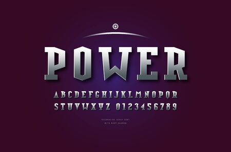Stock vector silver colored and metal chrome serif font, alphabet, typeface. Futuristic style typeset. Letters and numbers for sci-fi, cinema, space logo and headline designのイラスト素材
