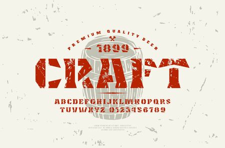 Stock vector stencil-plate serif font and craft beer label template. Letters and numbers with rough texture for logo and headline designのイラスト素材