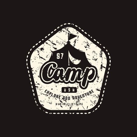 Stock vector emblem for t-shirt. Graphic design on the theme of camping, hiking, tourism and active lifestyle. White print on black backgroundのイラスト素材