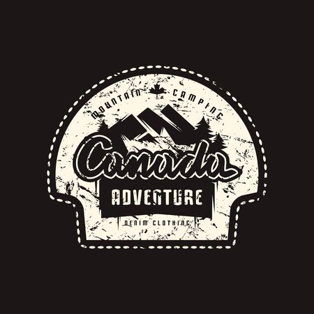 Stock vector emblem for t-shirt. Graphic design on the theme of camping, hiking, tourism and active lifestyle. White print on black backgroundのイラスト素材