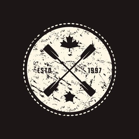 Stock vector emblem for t-shirt. Graphic design on the theme of camping, rafting, tourism and active lifestyle. White print on black backgroundのイラスト素材