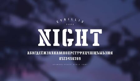 Cyrillic stencil-plate serif font. Letters and numbers for logo and emblem design. White print on blurred backgroundのイラスト素材
