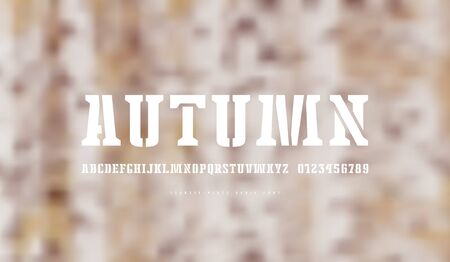 Stencil-plate serif font. Letters and numbers for logo and emblem design. White print on blurred backgroundのイラスト素材