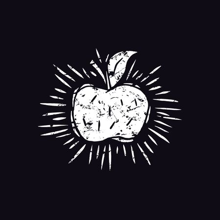 Apple illustration in linocut style. White print on black backgroundのイラスト素材