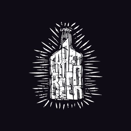Craft beer bottle illustration in linocut style. White print on black backgroundのイラスト素材