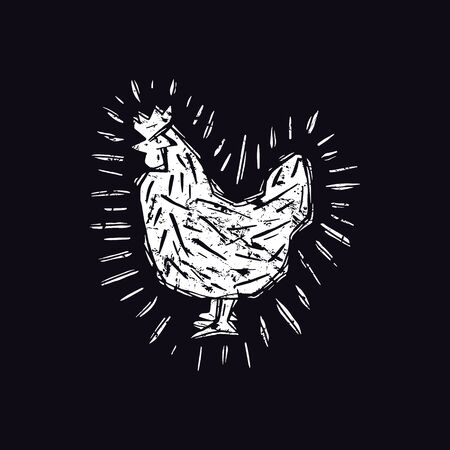 Chicken illustration in linocut style. White print on black backgroundのイラスト素材
