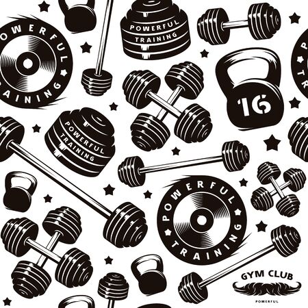 Seamless pattern for gym club. Design for your textiles, backgrounds, wrapping paper. Black print on white backgroundのイラスト素材