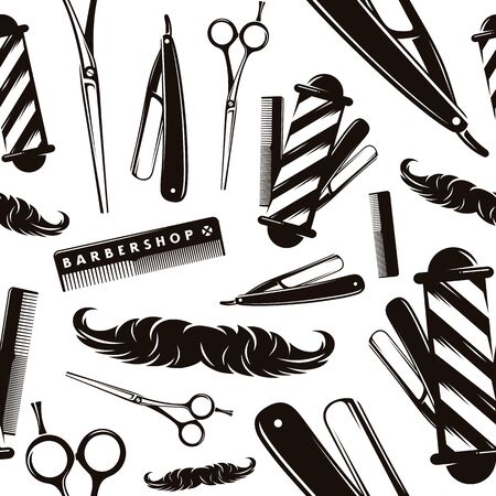Seamless pattern for barber shop. Black  print on white backgroundのイラスト素材