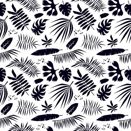 Seamless pattern with tropical plant leaf silhouettes. Black print on white backgroundのイラスト素材
