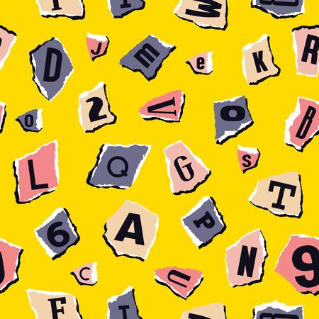 Seamless pattern in collage style. Torn scraps of colored paper with lettersのイラスト素材