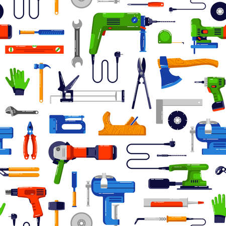 Seamless pattern for workshop. Colorful design in flat style. Isolated on white backgroundのイラスト素材