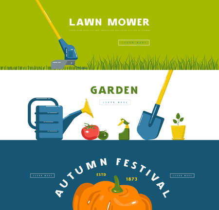 Stock vector illustration of gardening hobby banner set with tools and vegetables. Design in flat style for web banner, flyer and otherのイラスト素材