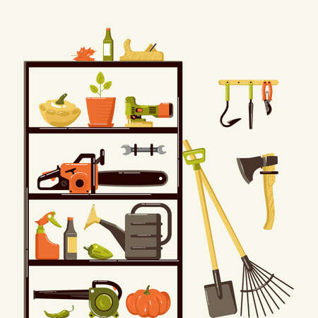 Illustration of gardening tools in pantry. Design in flat styleのイラスト素材