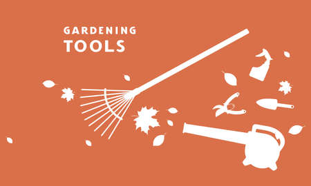 Flyer for garden tools store. White silhouettes on a orange backgroundのイラスト素材