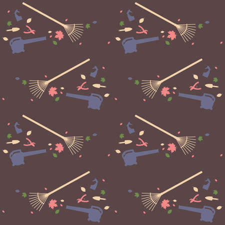 Seamless pattern for garden tools store. Color silhouettes on a brown backgroundのイラスト素材