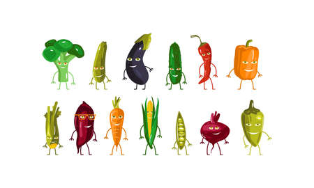 Stock vector illustration set of vegetables characters emoji. Design in flat style. Isolated on white backgroundのイラスト素材