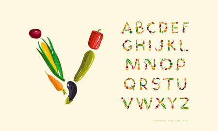 Decorative sans serif font. letters laid out from vegetables. Color print on white backgroundのイラスト素材