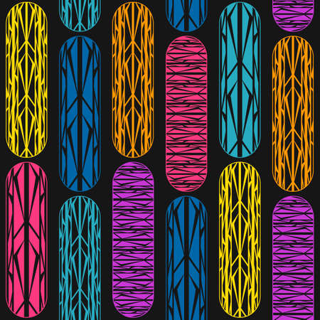 Seamless pattern with skateboards design. Color print on black backgroundのイラスト素材