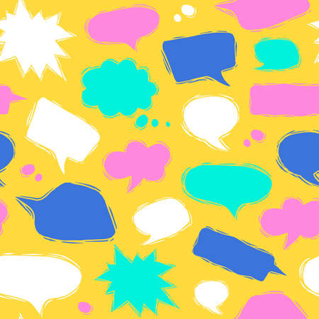 Speech bubble seamless pattern in linocut style. Color print on yellow background