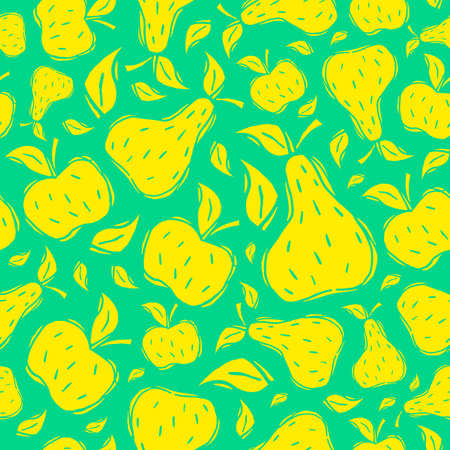 Pears and apple seamless pattern. Illustration in linocut styleのイラスト素材