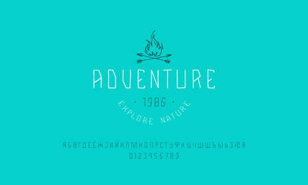 Cyrillic sans serif font in the style of handmade graphics. Camping emblem for t-shirt. Letters and numbers for  label designのイラスト素材