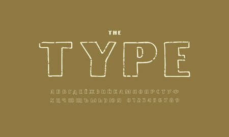 Cyrillic sans serif font in the style of handmade graphic. Hollow letters and numbers with rough texture.のイラスト素材