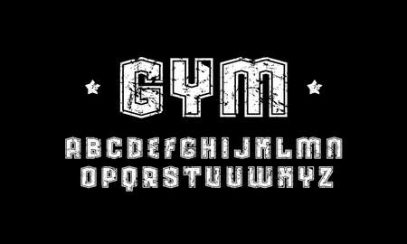 Sans serif font with contour. Letters with rough texture for sport  and emblem design. White print on black backgroundのイラスト素材