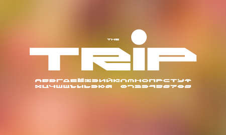 Cyrillic wide sans serif font in cyber style. Letters and numbers for sci-fi logo and emblem design. White print on blurred backgroundのイラスト素材