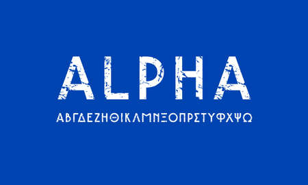 Greek sans serif font in classic style. Letters with rough texture for logo and headline design. White print on blue backgroundのイラスト素材