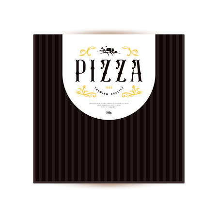 Label design for box of pizza in elegant style. Text on white background on black packagingのイラスト素材