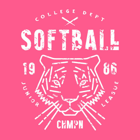 Emblem of softball tournament with a picture of tiger. Graphic design with vintage texture for t-shirt. White print on pink backgroundのイラスト素材