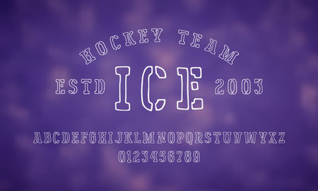 Stencil-plate serif font in the style of handmade graphic. Hollow letters and numbers for logo and emblem design. White print on blurred backgroundのイラスト素材