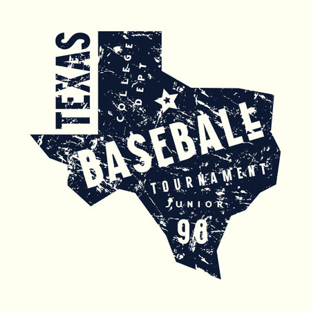 Emblem of baseball tournament in Texas. Graphic design with vintage texture for t-shirt. Black print on white backgroundのイラスト素材