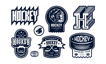 Badges set of ice hockey team. Graphic design for stickers and t-shirt. Black print on white backgroundのイラスト素材