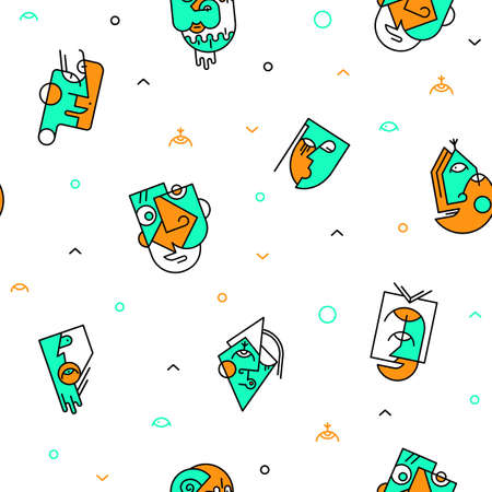 Modern cubism surreal faces on seamless pattern. For textile, wallpaper and background design. Color print on white backgroundのイラスト素材