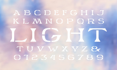 Stencil-plate wide serif font in retro style. Letters and numbers for logo and label design. White print on blurred backgroundのイラスト素材