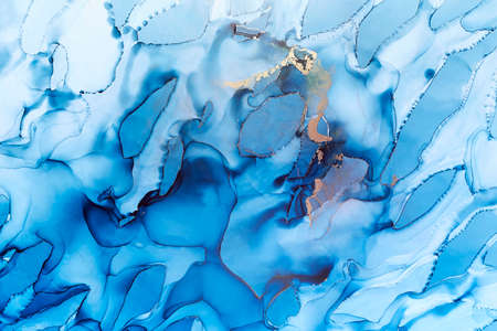 Abstract splash hand painted alcohol ink texture. Deep blue color creative background for your...